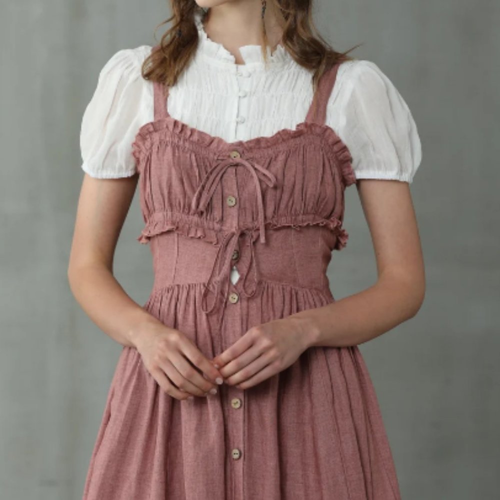 Linen pink princess dress, front button linen dress, sleeveless dress, Front lac